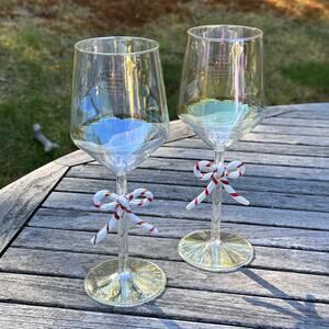 NEW Christmas CANDY CANE Bow Wine Glass Stem Iridescent RARE Tall  Set of 2